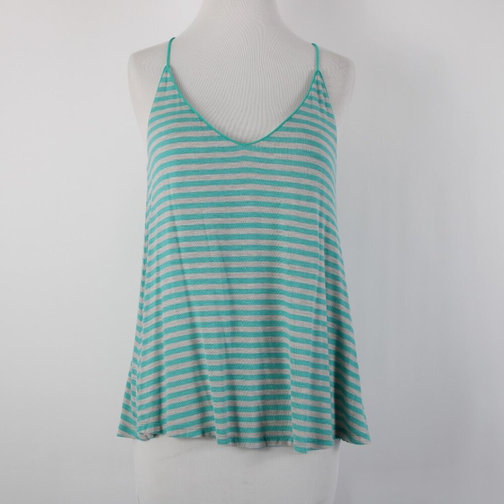Naked Zebra Sz S Teal Blue Gray Striped V Neck Sleeveless Rayon Spandex Top - Picture 2 of 11